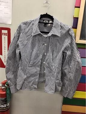 Future collective women’s button down blouse medium navy pinstripe new  JCPenney